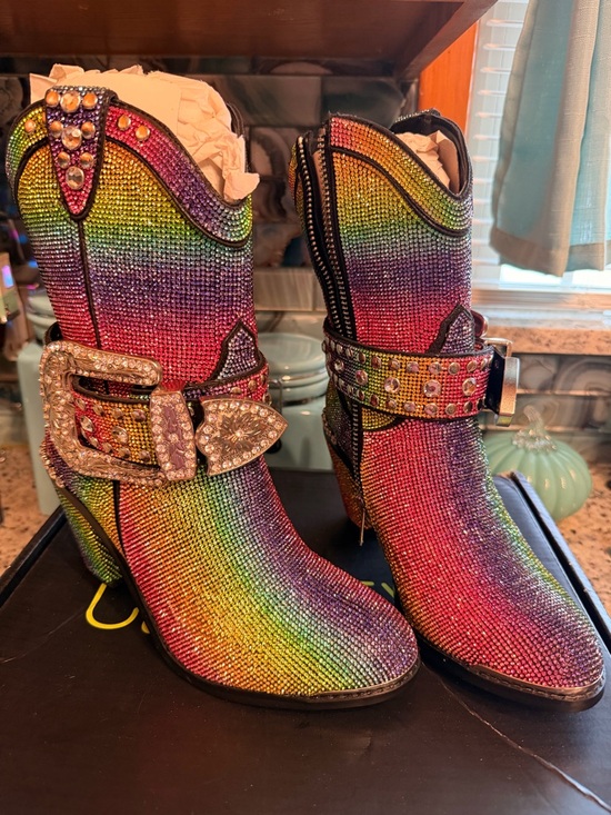 Dolls Kill Shoes - Dolls Kill CLUB EXX Pride Rainbow Sheriff Shine Rhinestone Cowboy Boots